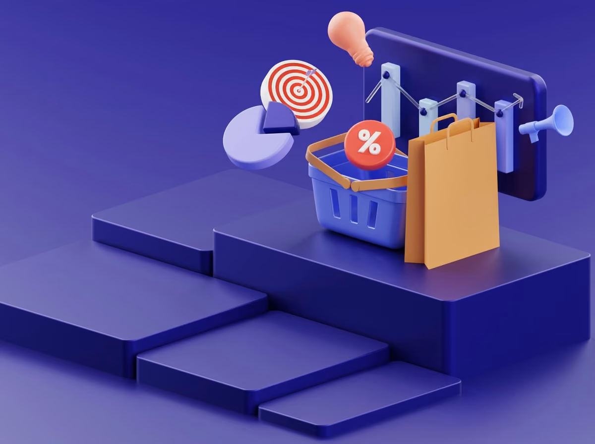 Ilustração 3D com cesta, sacola, gráfico e alvo sobre um pódio roxo.