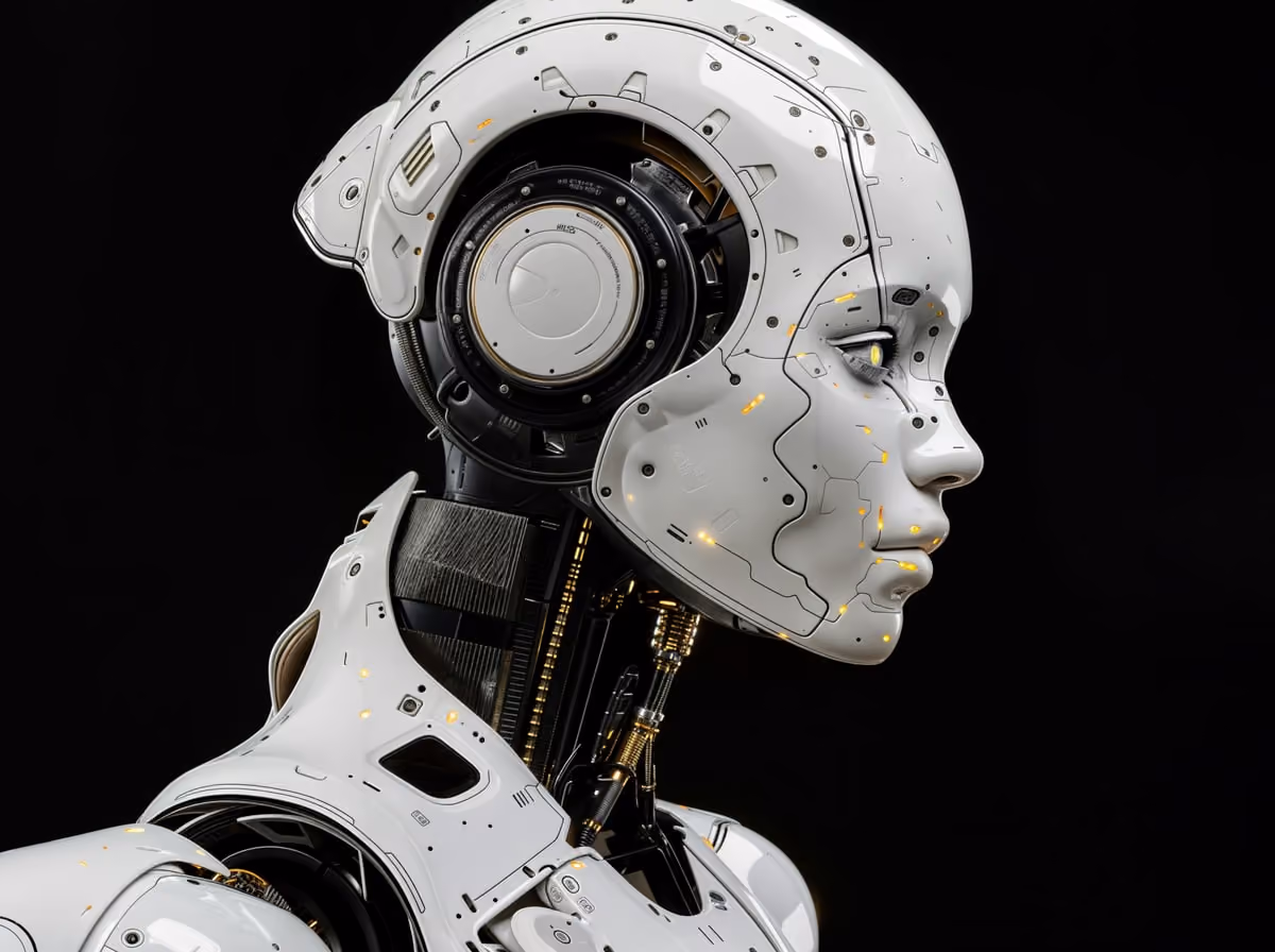 Retrato de perfil de um androide branco com circuitos internos visíveis, sobre fundo preto.