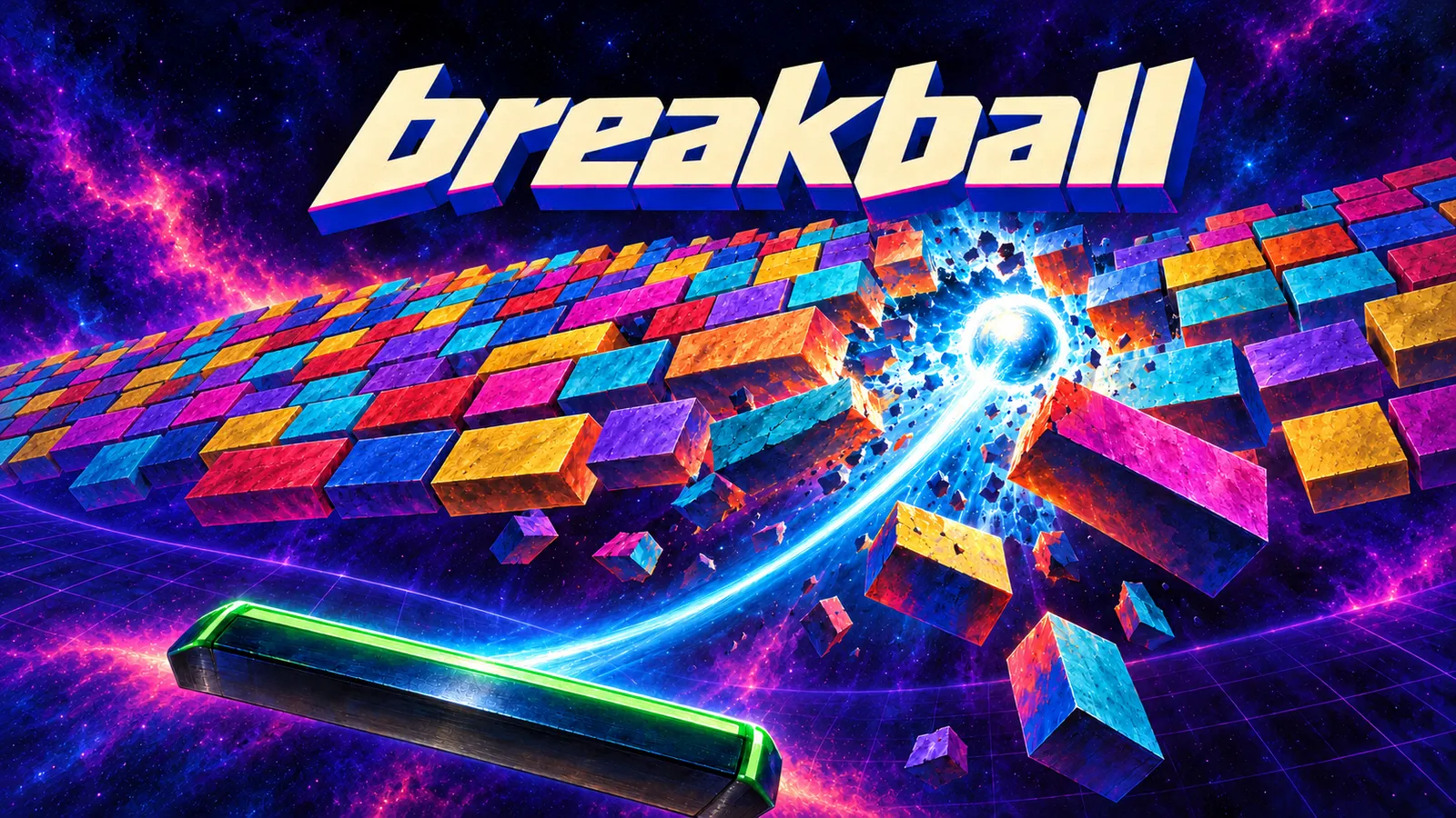 Arte de Breakball com marca marfim sobre uma muralha de blocos coloridos, bola ciano rompendo os blocos, raquete verde e fundo cósmico violeta.